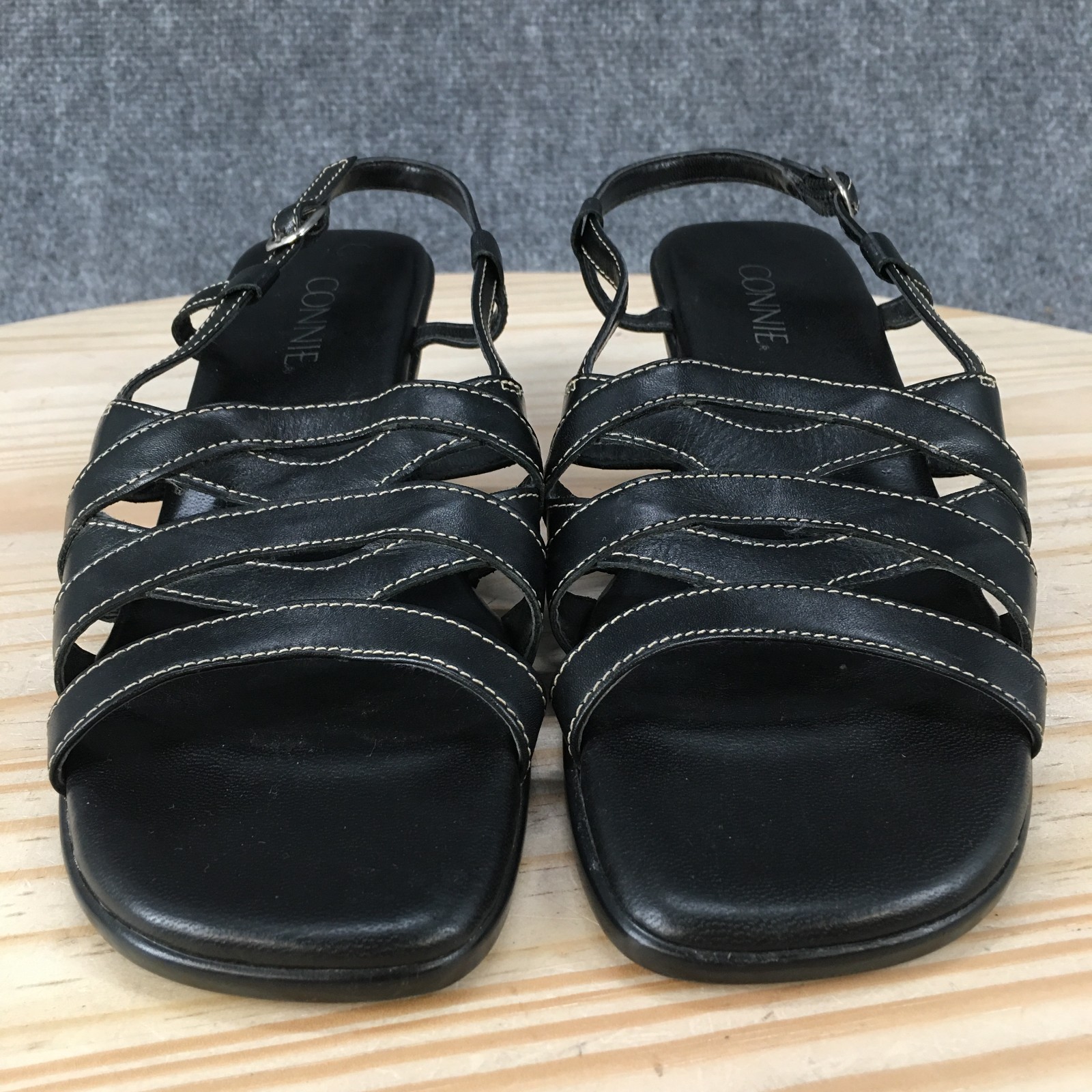 Connie Sandal Womens 7 M Skippy Strappy Slingback Low Heel Leather Casual Black