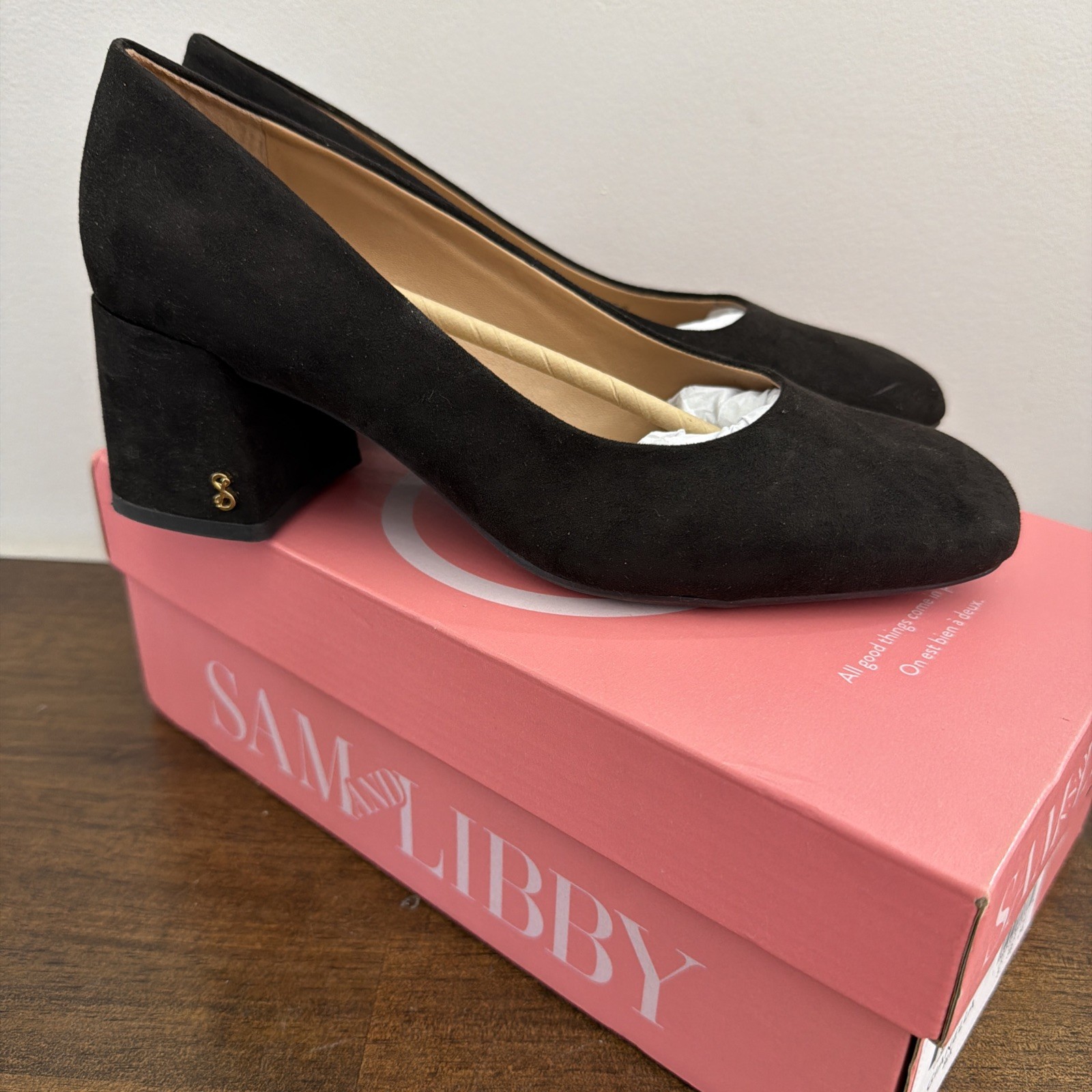 NEW Sam & Libby Women’s Gianella Block Heel Pump Black Gold Size 7.5