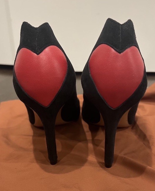 Christian Dior Women’s Black Suede Pointed Toe Stiletto Pumps Red Heart