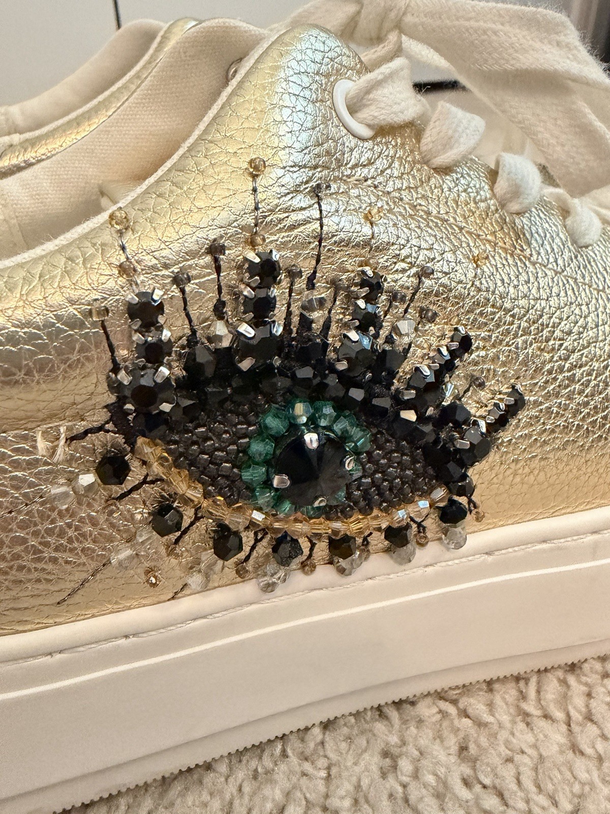 Kurt Geiger London Laney Eye Embellished Gold Leather Platform Sneakers Size 40