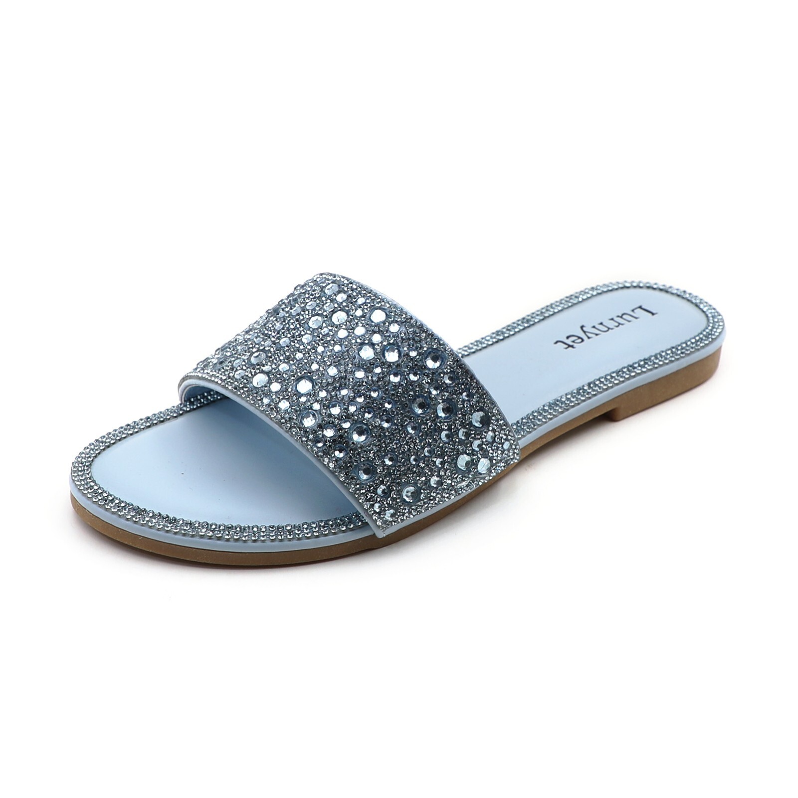 Lurnyet Women’s Crystal Embellished Slide Sandals Rhinestone Studded Flat Sandal
