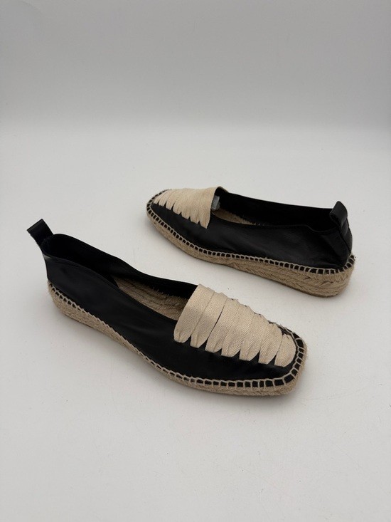 Mango Black Cream Espadrille Loafers women 7.5 leather canvas slip on vacation
