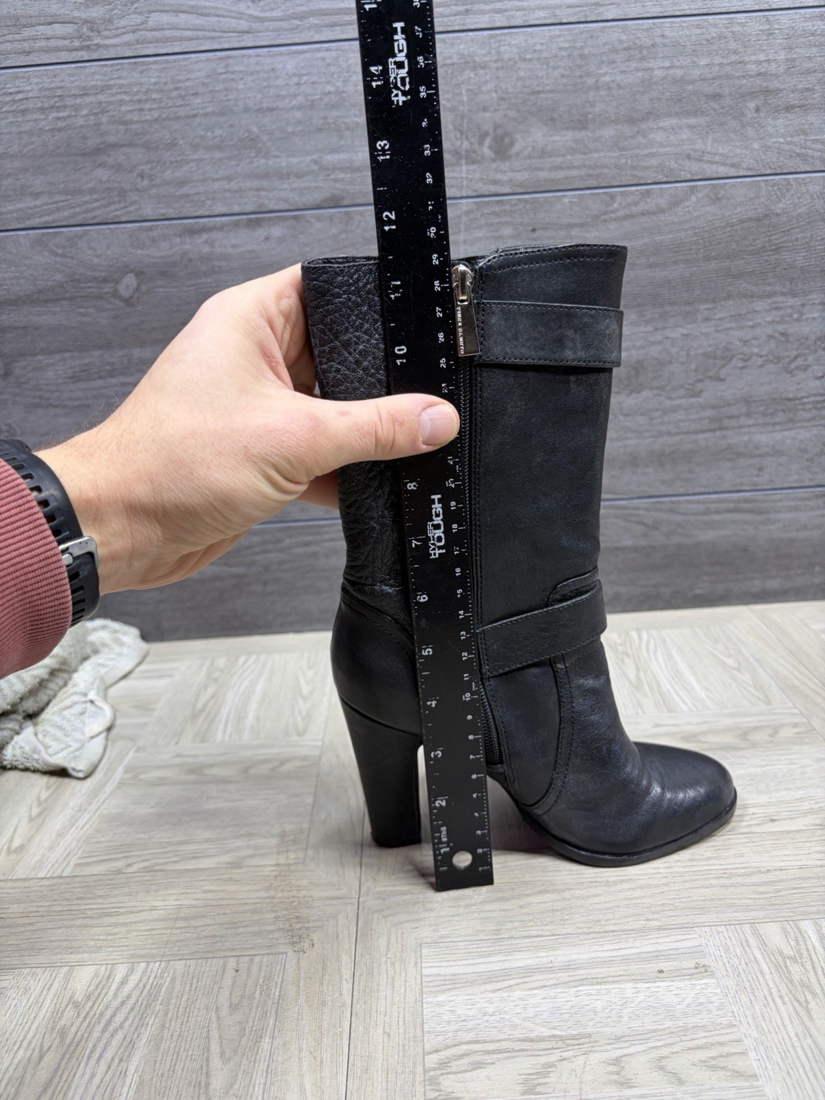 Vince Camuto Callison Buckle and Zipper Women 5.5 Black Leather Mid Calf Boots