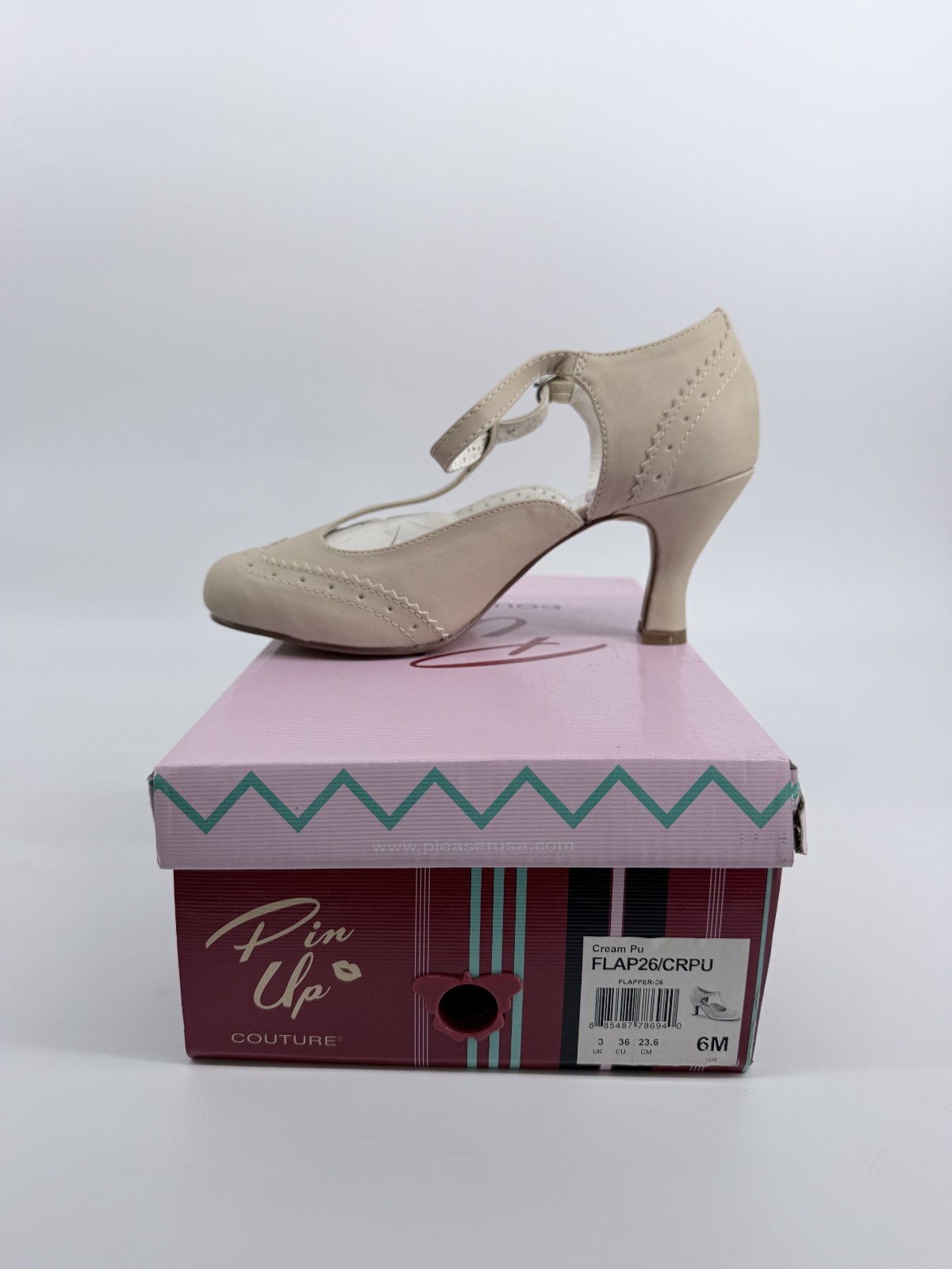 Pleaser Pin Up Couture 3″ Kitten Heal Round Toe T-Strap Pump Flapper 26 Cream Pu