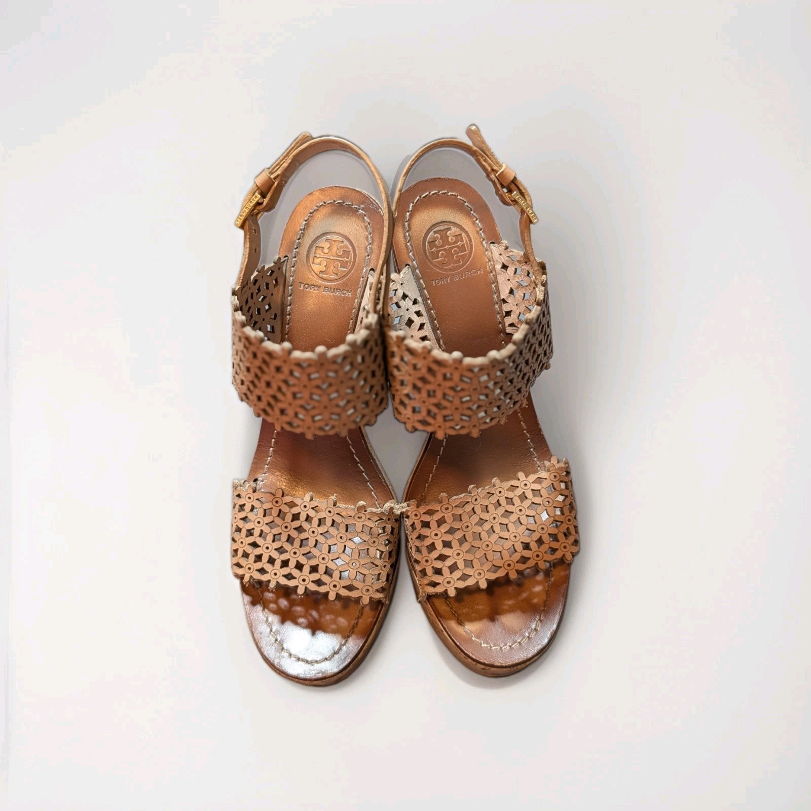 Tory Burch Tan Floral Laser Cut Leather Wedge Ankle Strap Sandals 7.5 M