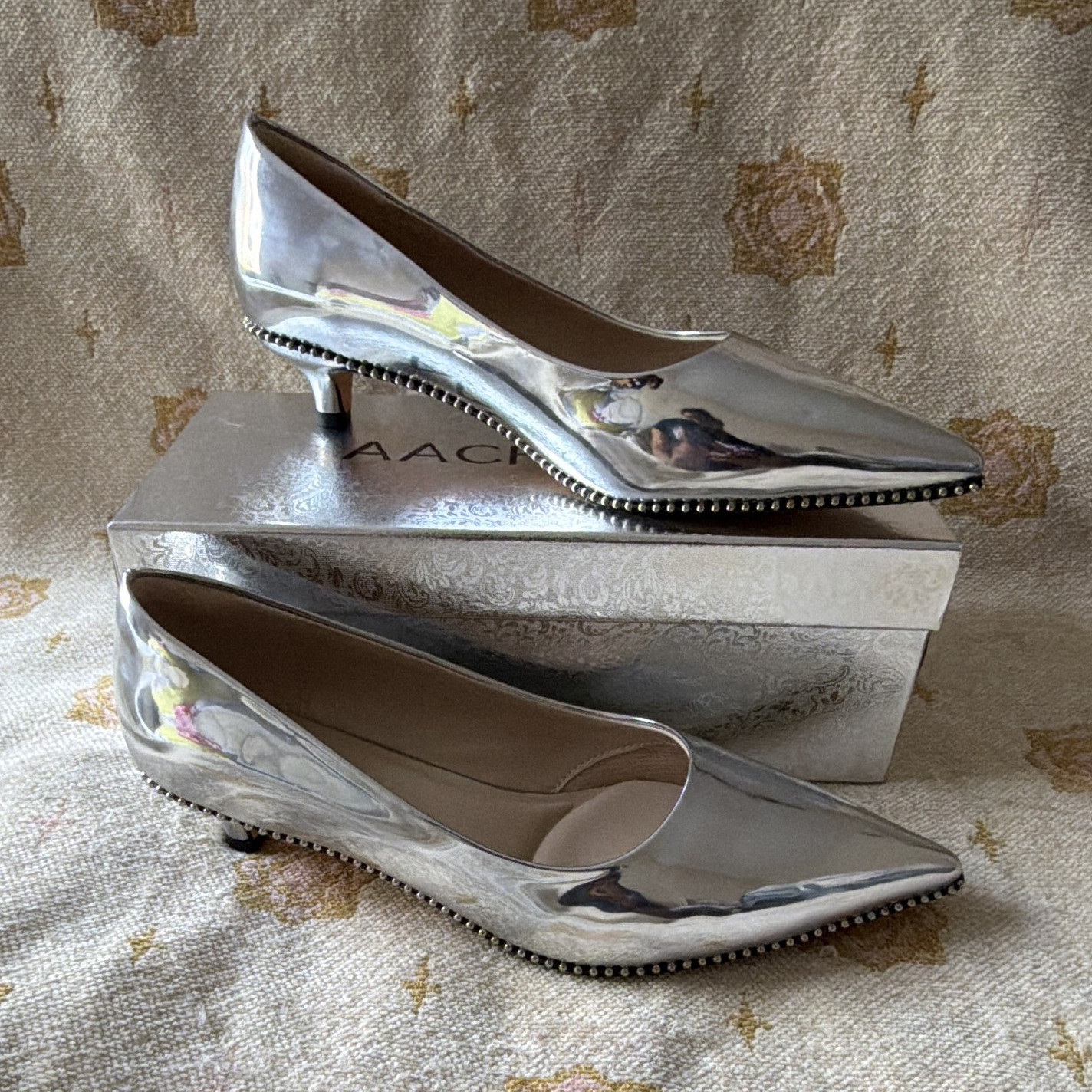 AACHCOL Women’s Silver Solid Pointed Toe Slip On Silver beaded Pumps Women US 9