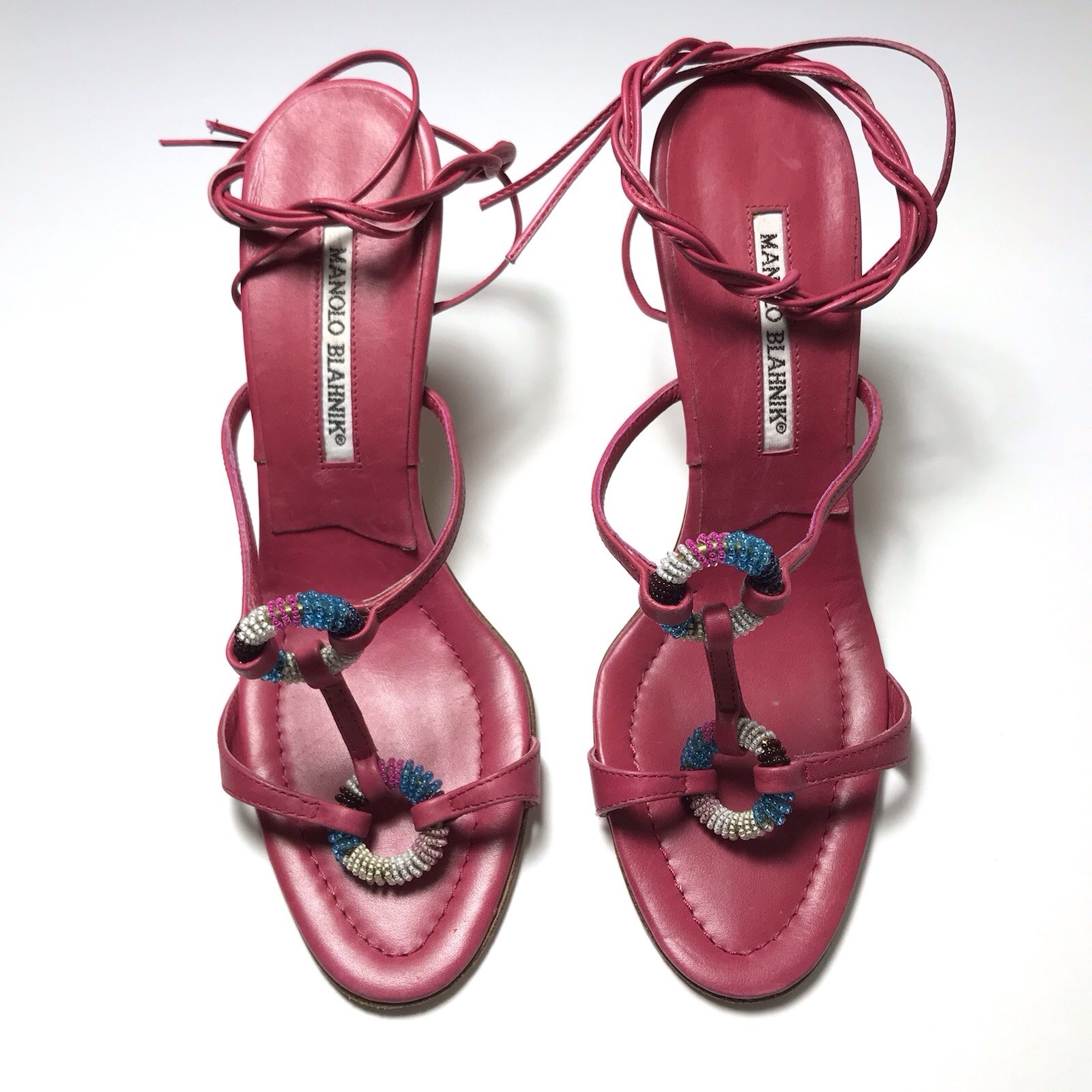 Manolo Blahnik Y2K Vtg Pink Beaded Ring Strappy Ankle Lace Stiletto Sandals 38
