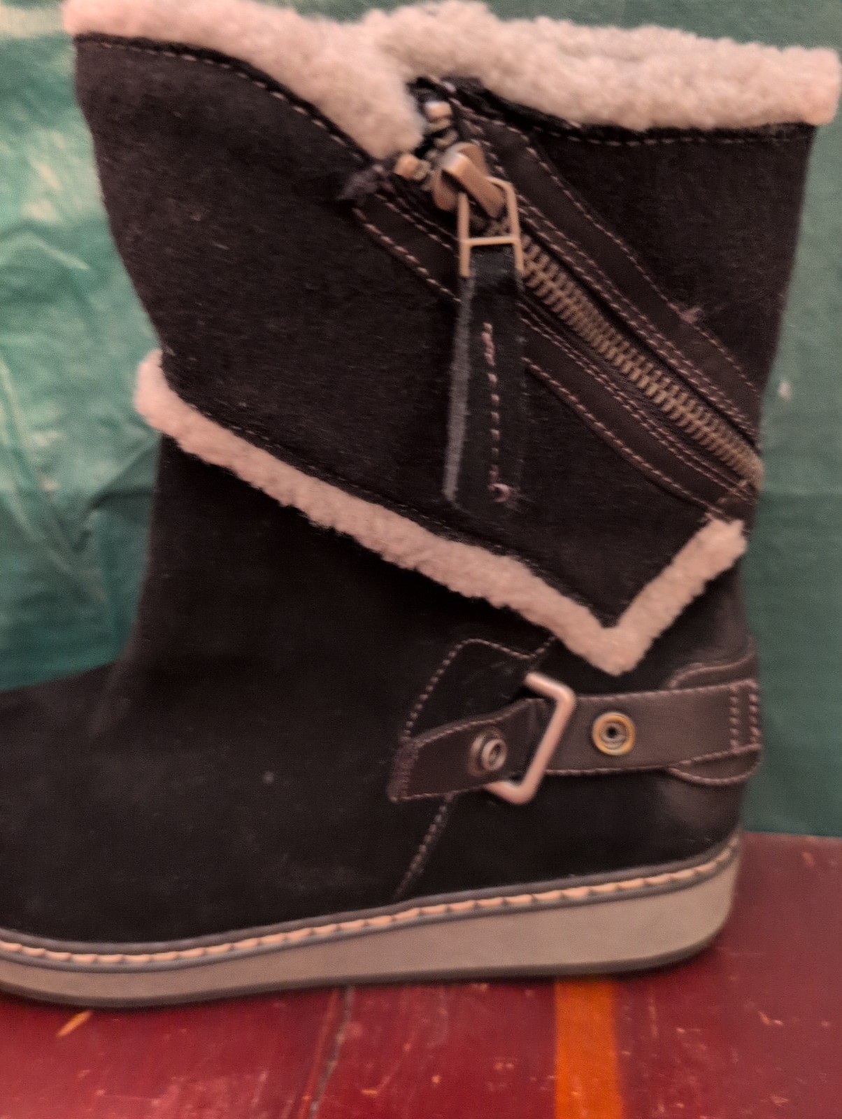 White Mountain Teague Black Suede Winter Boots Womens Size 7M Fleece Lined