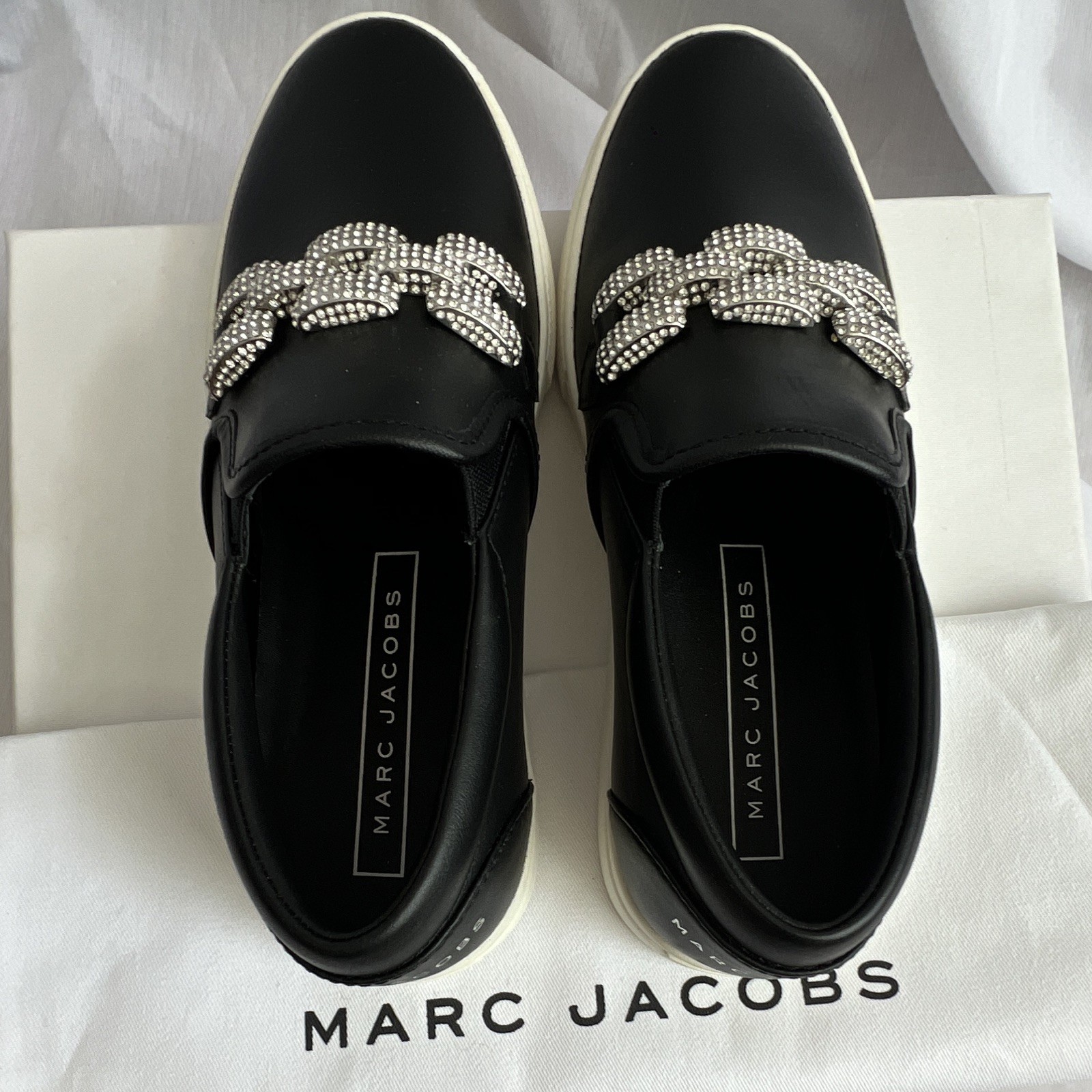 NEW 100% LEATHER Marc Jacobs Women’s Black Slip-On Rhinestone Sneakers $250