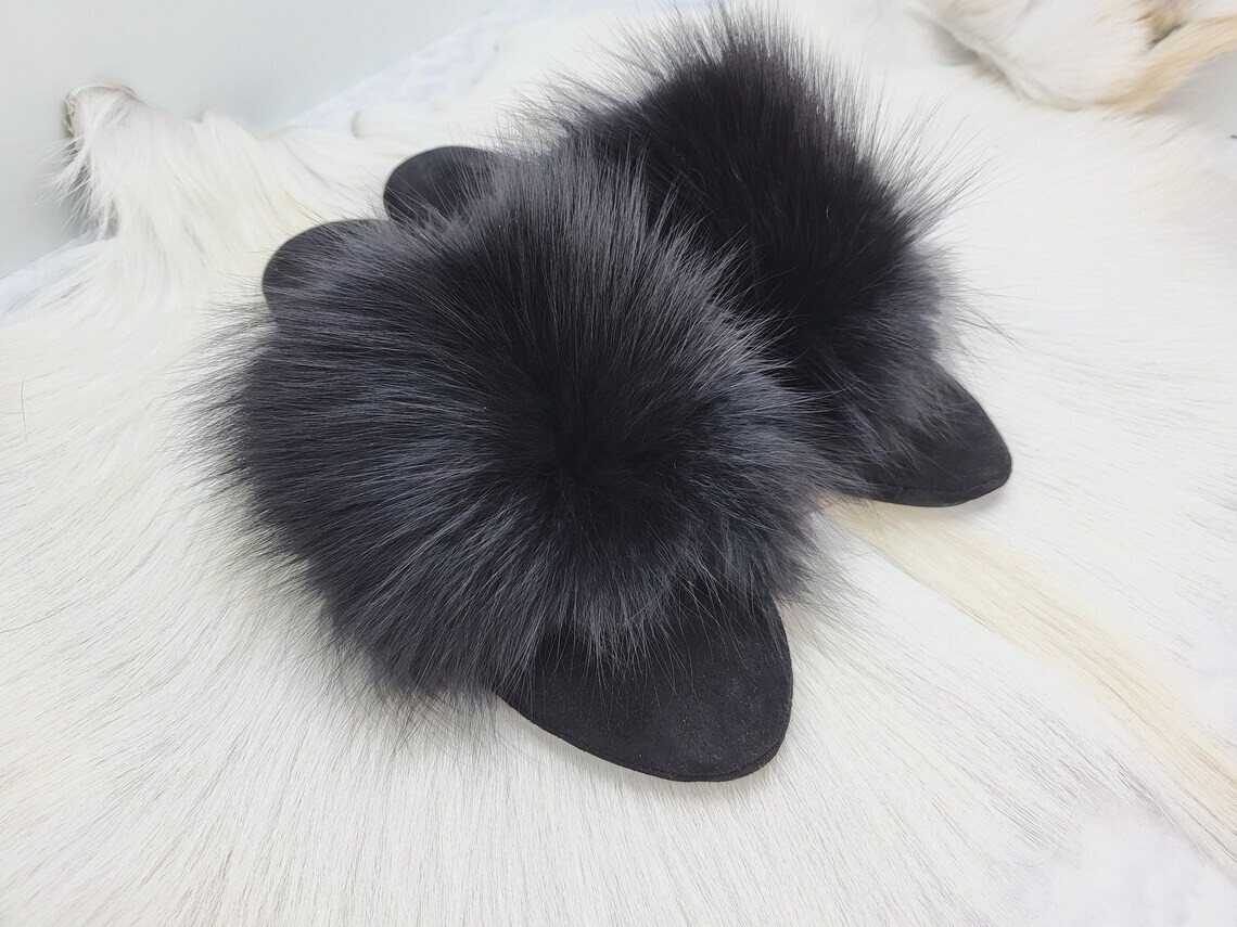 Women black fox fur leather house slippers Open toe home shoes Gift for women
