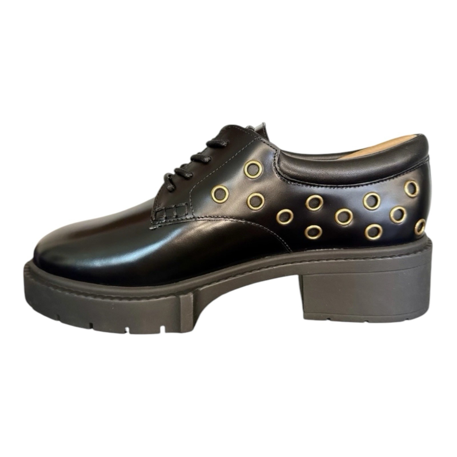 Coach Women’s Black Leather Platform Derby Oxford Shoes Gold Grommet Chunky Heel