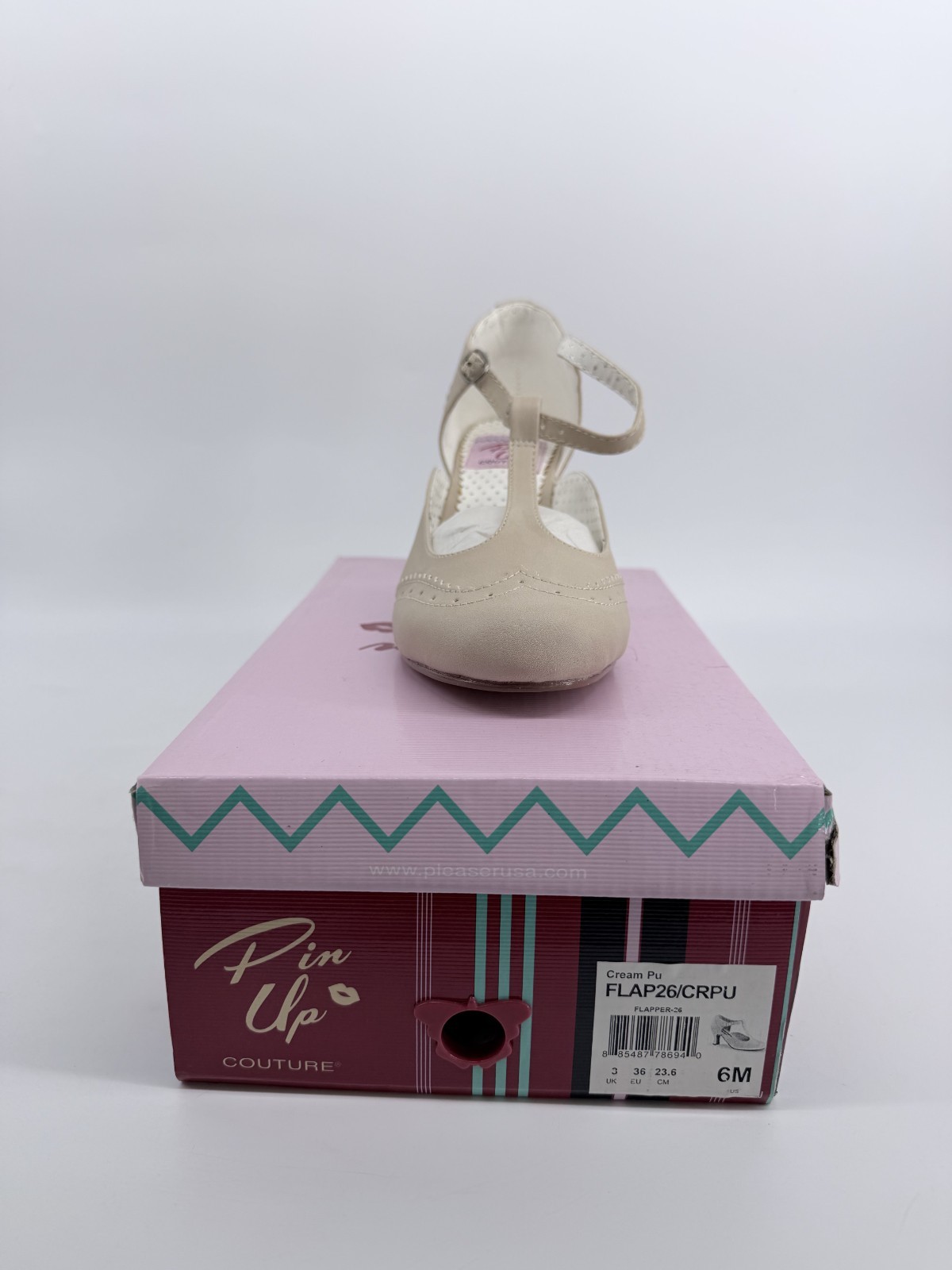 Pleaser Pin Up Couture 3″ Kitten Heal Round Toe T-Strap Pump Flapper 26 Cream Pu