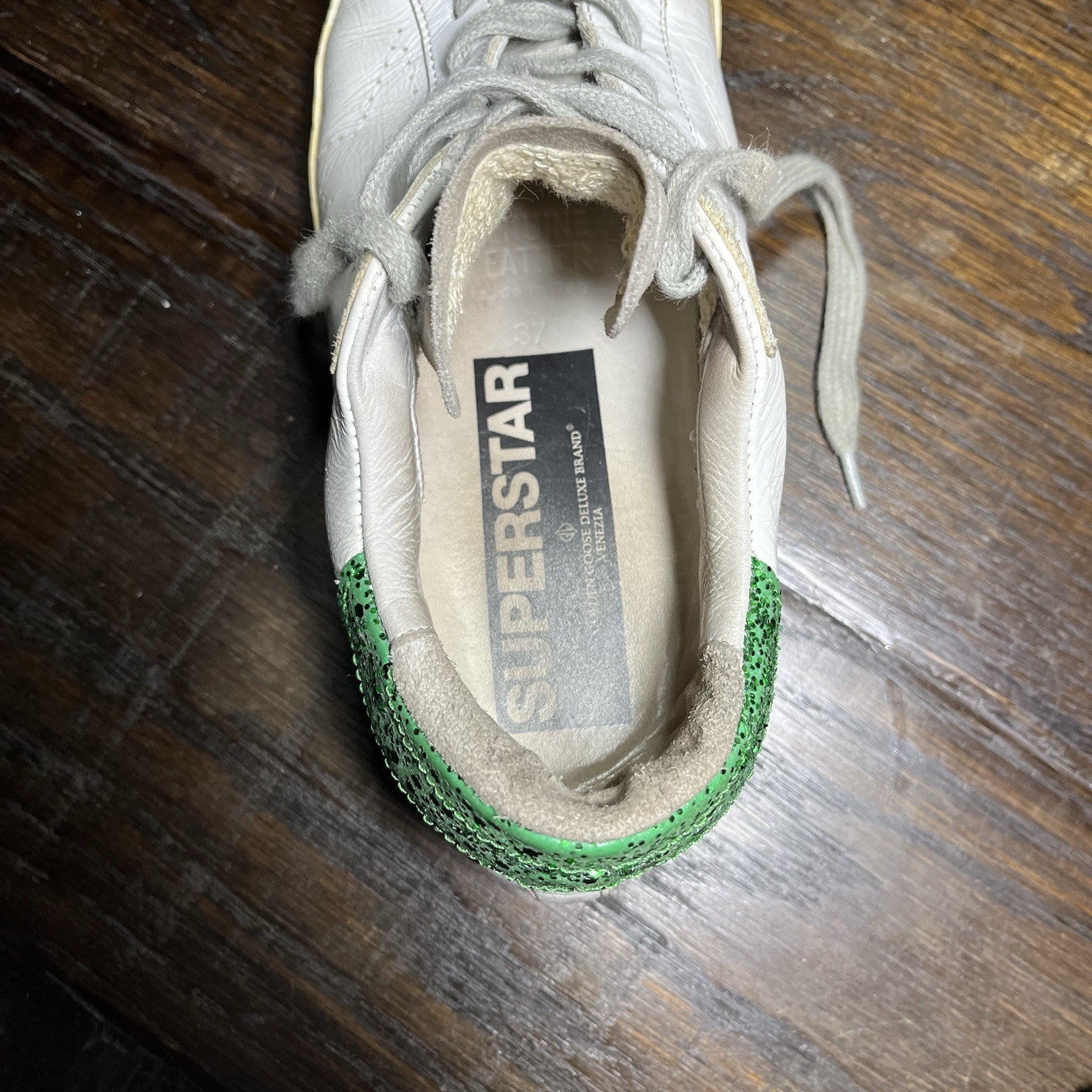 Golden Goose Superstar Sneakers Womens 7 37 Leather Green Glitter Italy Shoes