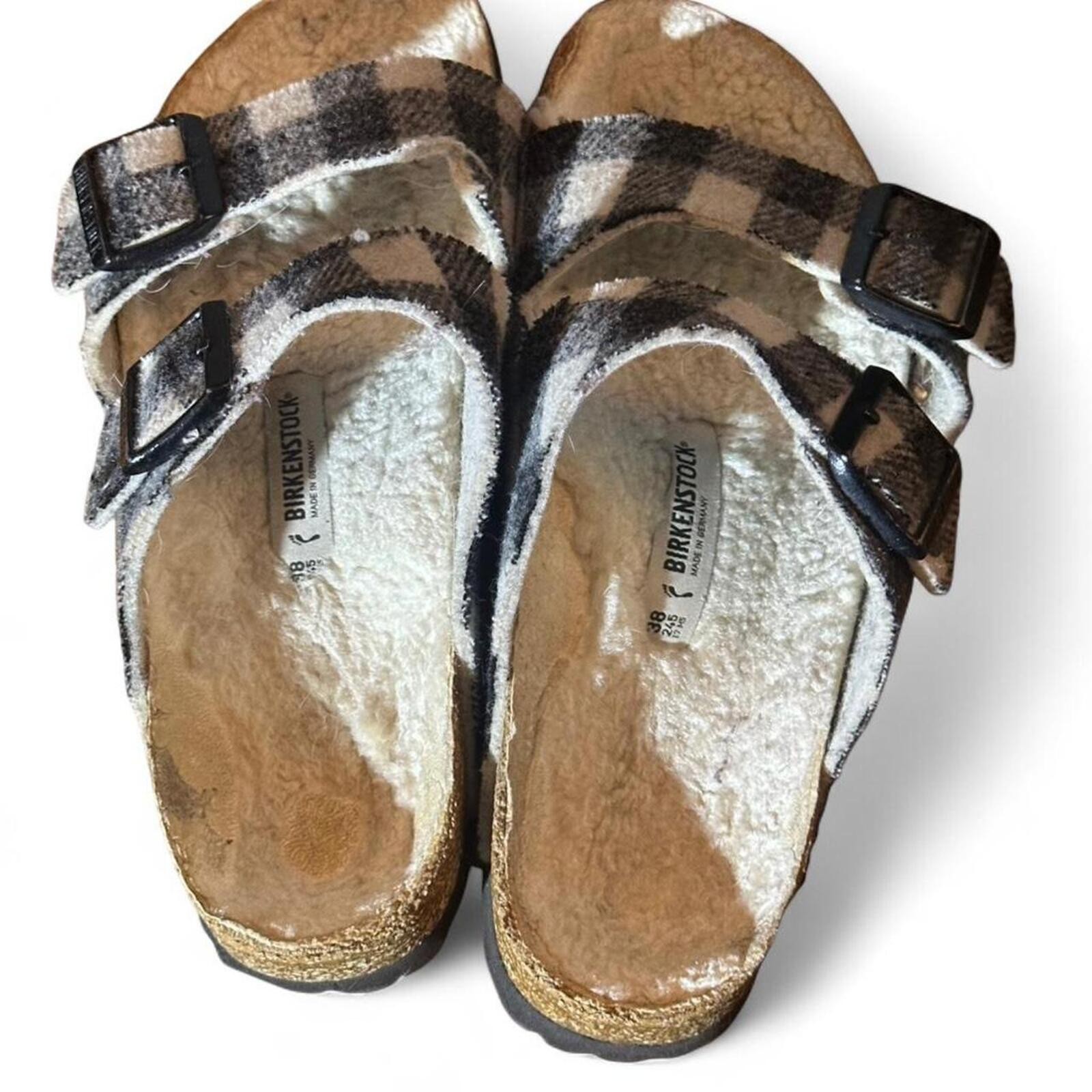 Birkenstock Arizona Shearling Plaid White Sandal Size 38 Narrow / Regular