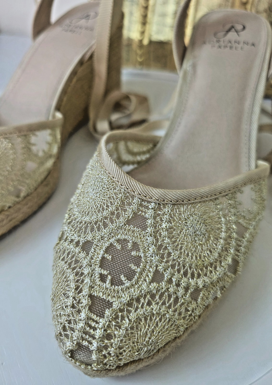 ADRIANNA PAPELL «Penny» Ivory Lace Espadrilles Wedge Natural Barcelona Mesh Sz 9