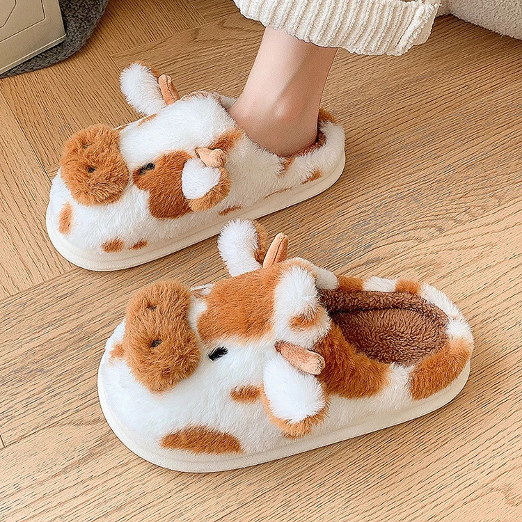 Fluffy Women’s Slippers Home Cartoon Cow Designer Winter Shoes Girls Flat Trend