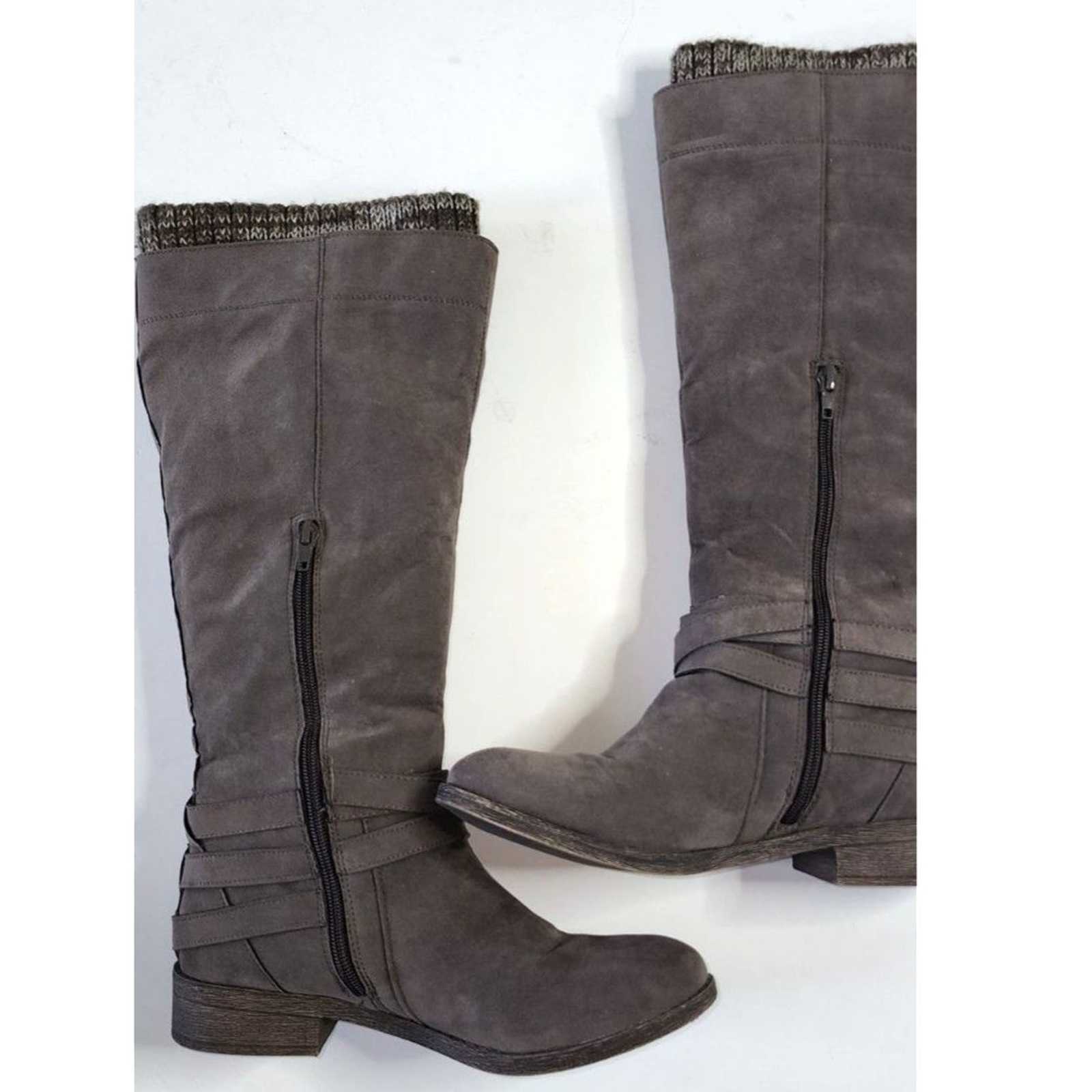 Shoedazzle Brownish Gray Knit Top Hally Buckle Knee High Boots Sz 7.5