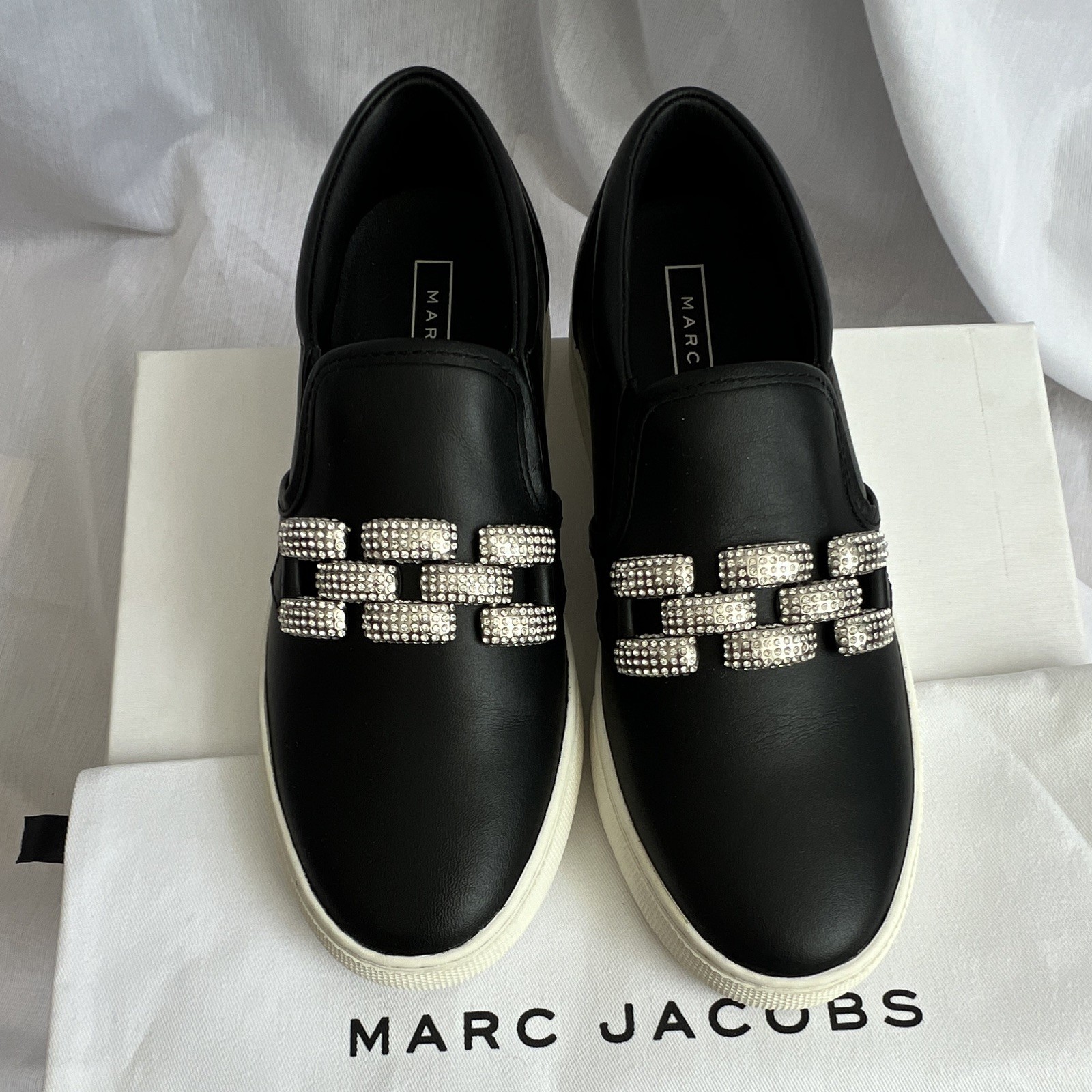 NEW 100% LEATHER Marc Jacobs Women’s Black Slip-On Rhinestone Sneakers $250