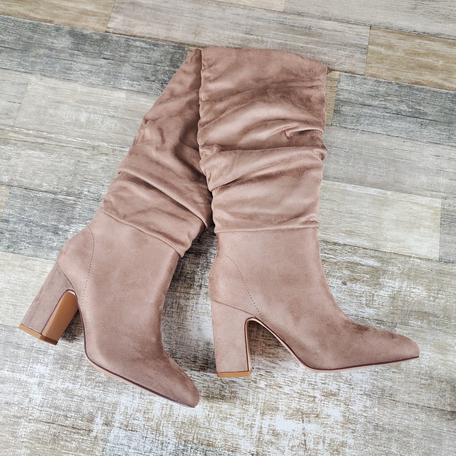 Chinese Laundry Kipton Womens Boots Sz 6 Taupe Suedette Knee High Block Pull On