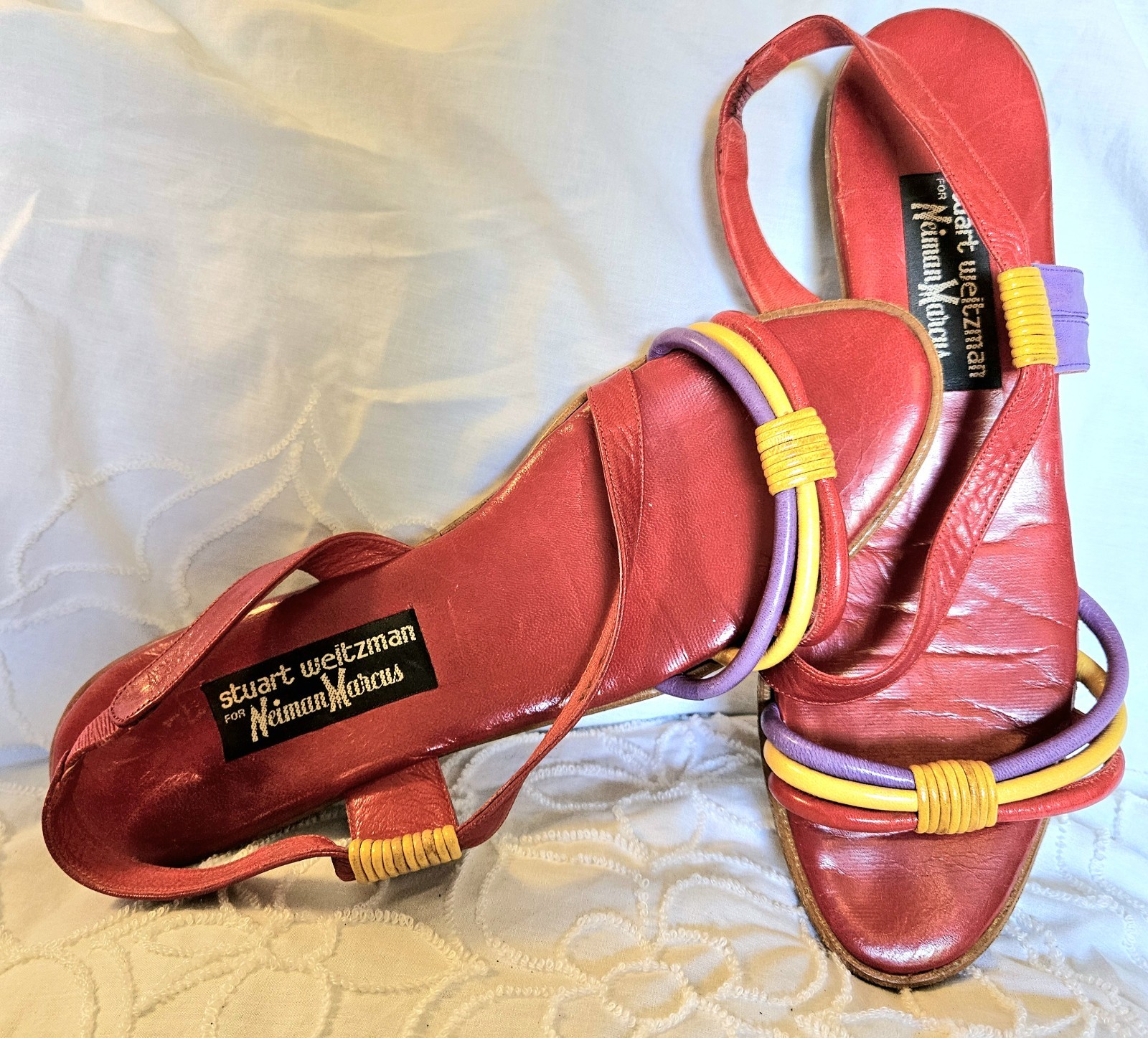 Vintage Stuart Weitzman Sandals Womens 9AA Red Leather Multicolor Strappy Sling