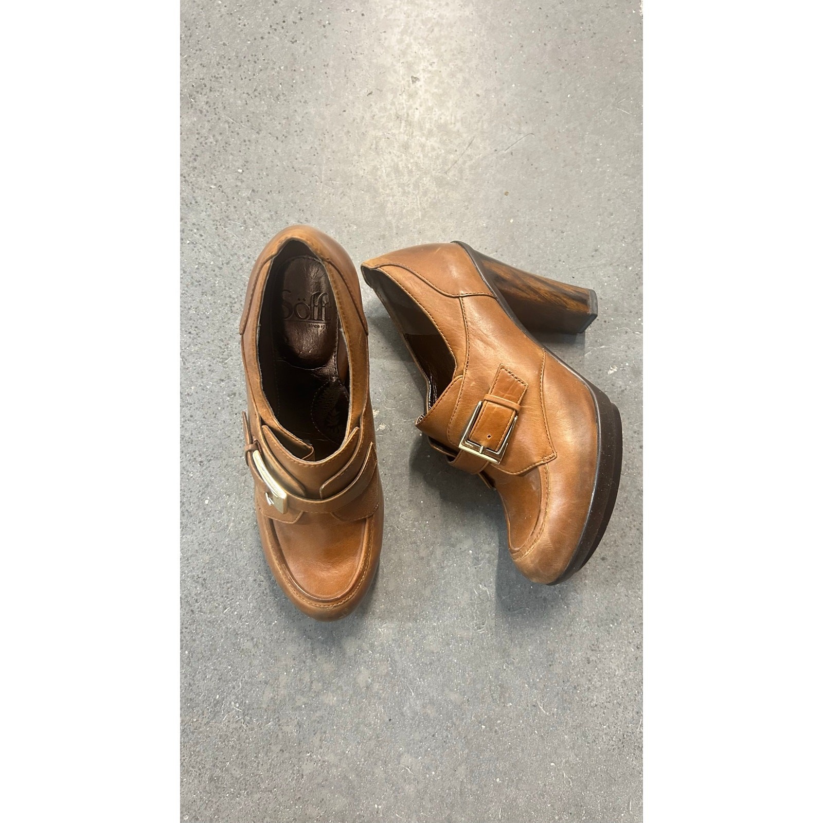 SOFFT Brown Leather Buckle Platform Heels