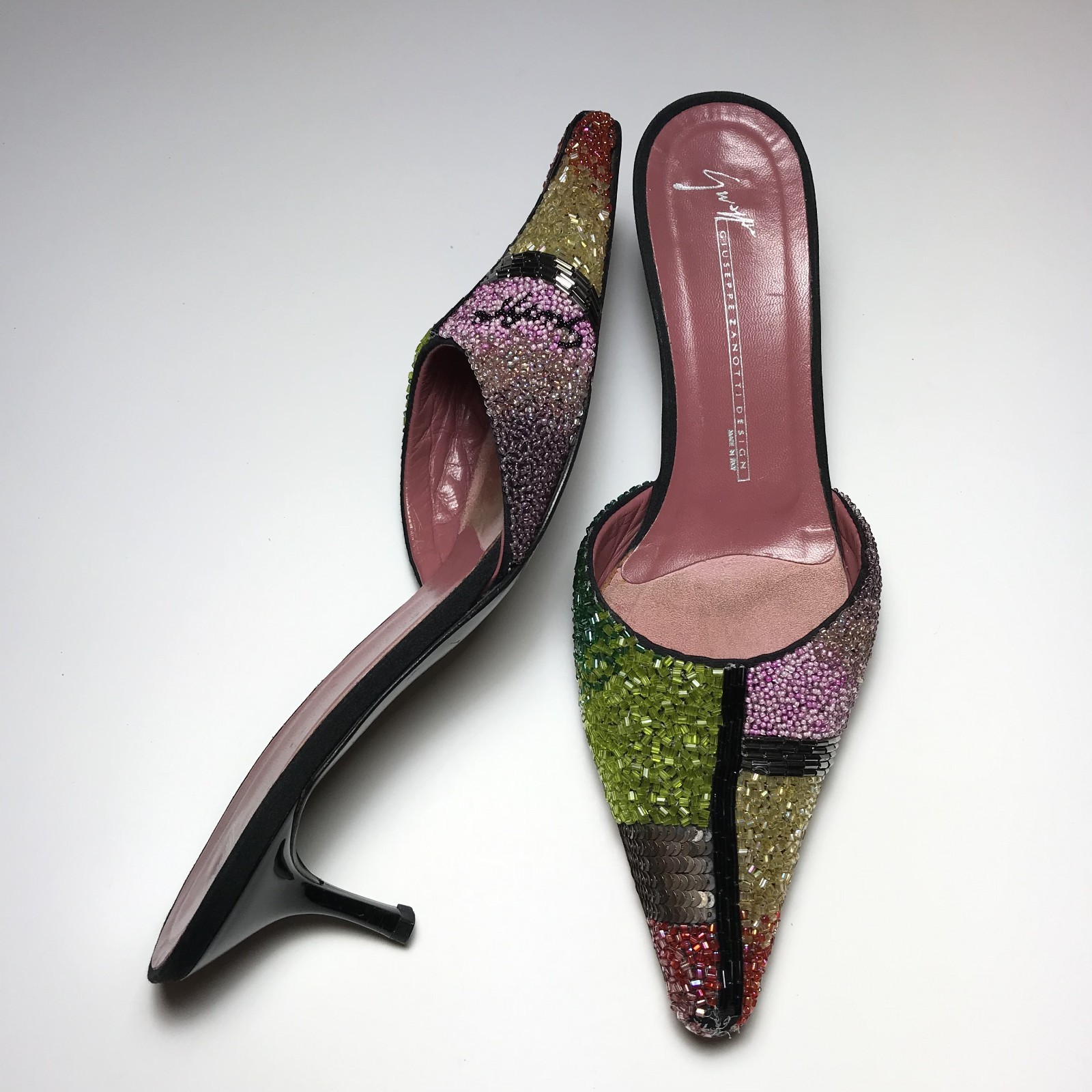 Giuseppe Zanotti Vintage Y2K Colorful Beaded Logo Point Toe Kitten Heel Mules 36