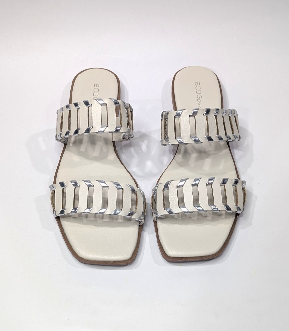 BCBGeneration Lemah Bianca/Silver Women’s Double Band Flat Sandal – Size 9 NWB