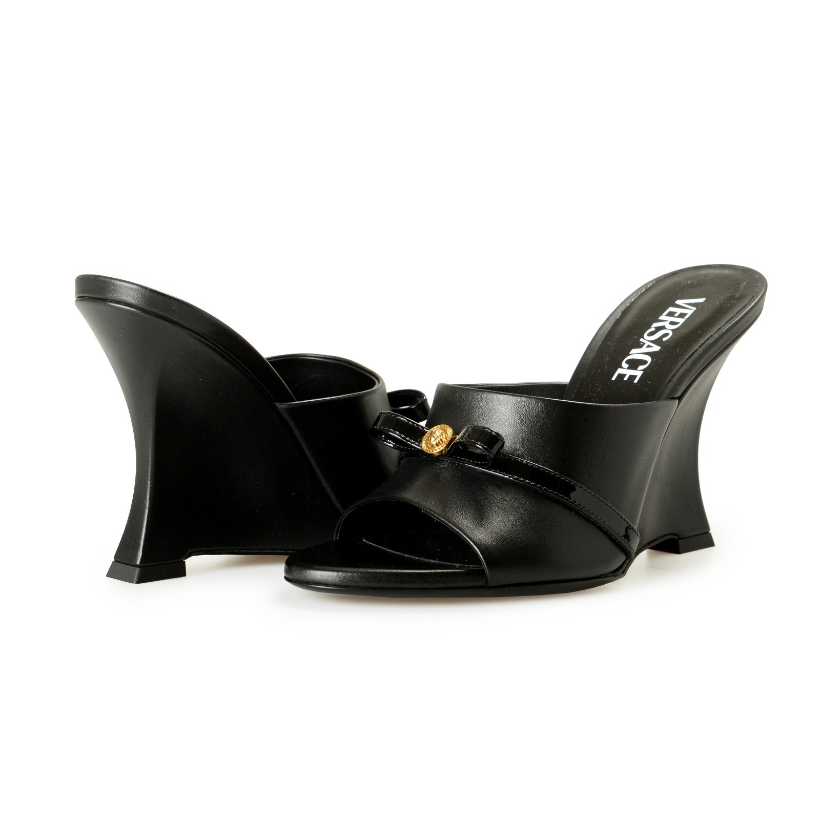 Versace Women’s Black Leather Gold Medusa Heeled Sandals Mules Shoes US 6 IT 36