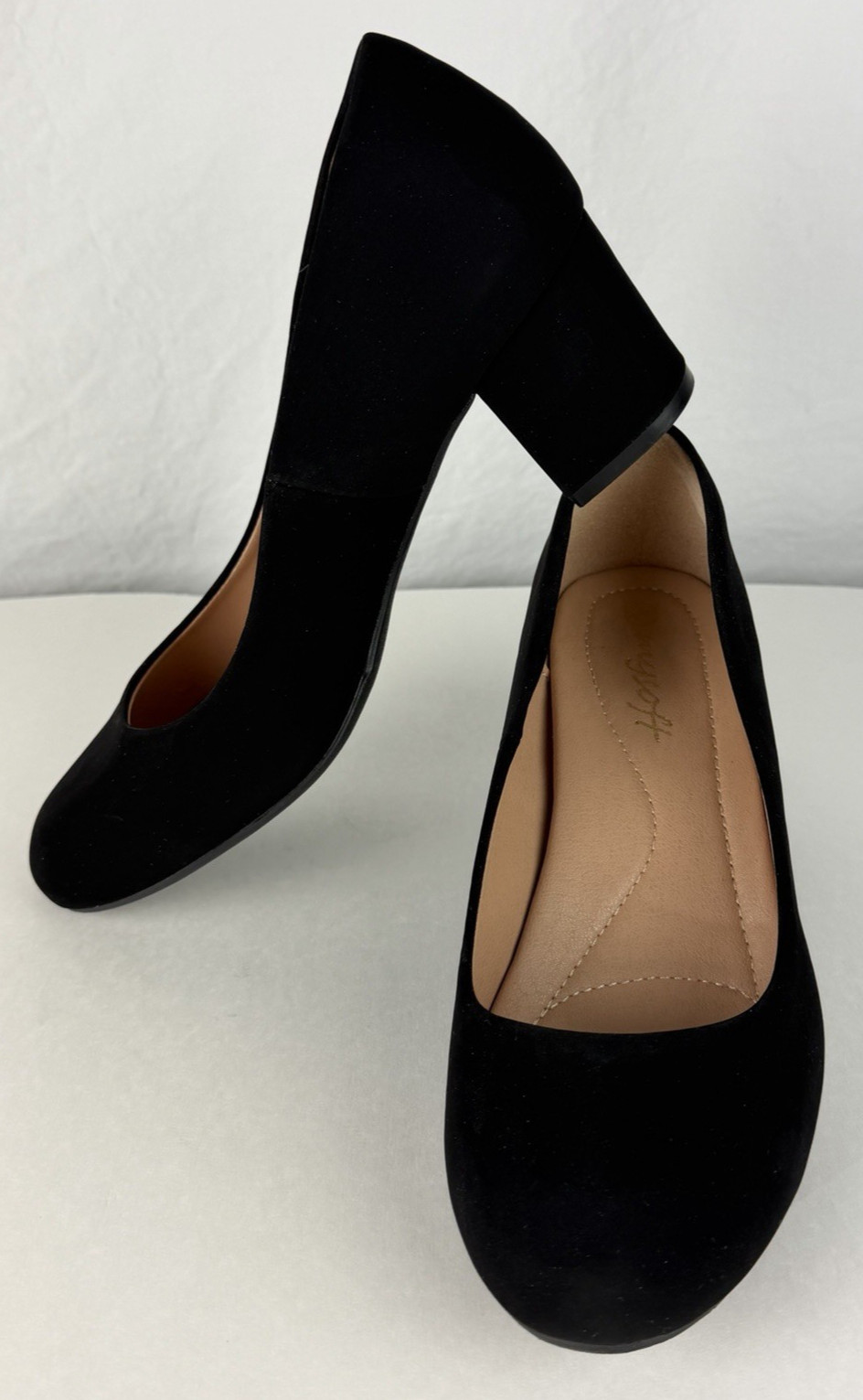 MySoft-Black Suede-Low Chunky Heel/Pumps-Round Toe-8W-Women’s-Comfort-FREE SHIP