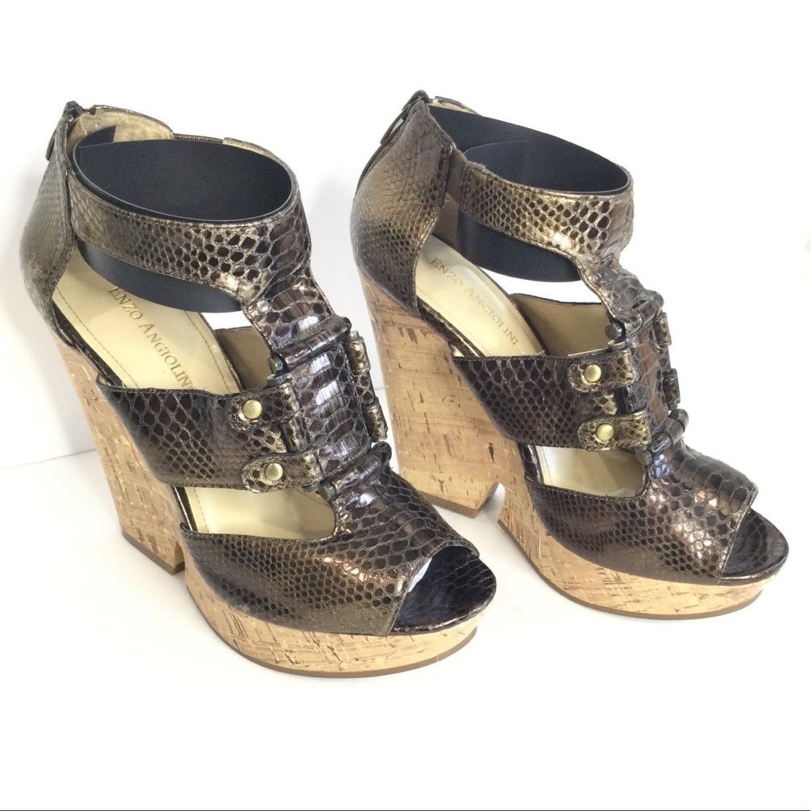 Enzo Angiolini Snake Print Cork Platform Heels