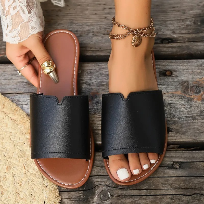 Women’s Flat Slide Sandals Open Toe PU Leather Slip On Summer Beach Shoes 6-12