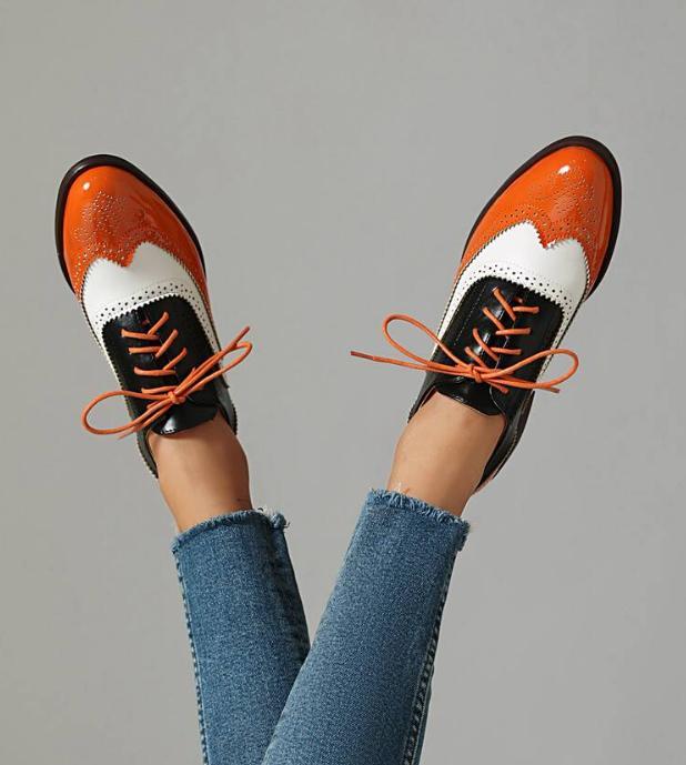Womens Patchwork Brogue Shoes Lace Up Fashion Flat Color Block Multi Tone Oxford