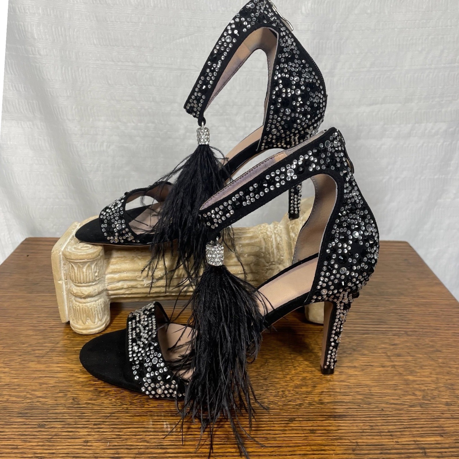 Unbranded Black Rhinestone Stiletto Feather Tassel Ankle Strap Sandals Size 9