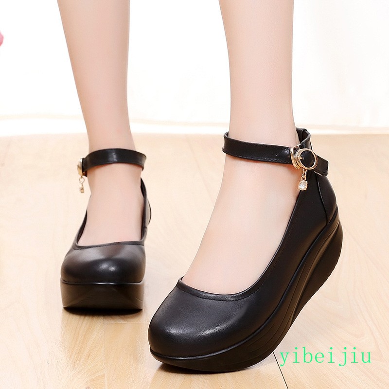 Men’s Mid Wedge Heel Creeper Platform Round Toe Boat Shoes Buckle Ladies Pumps