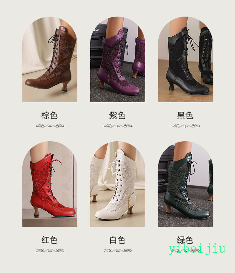 Women’s Mid Calf Kitten Heel Ankle Boots Lace Up Leather Shoes Leather Vintage