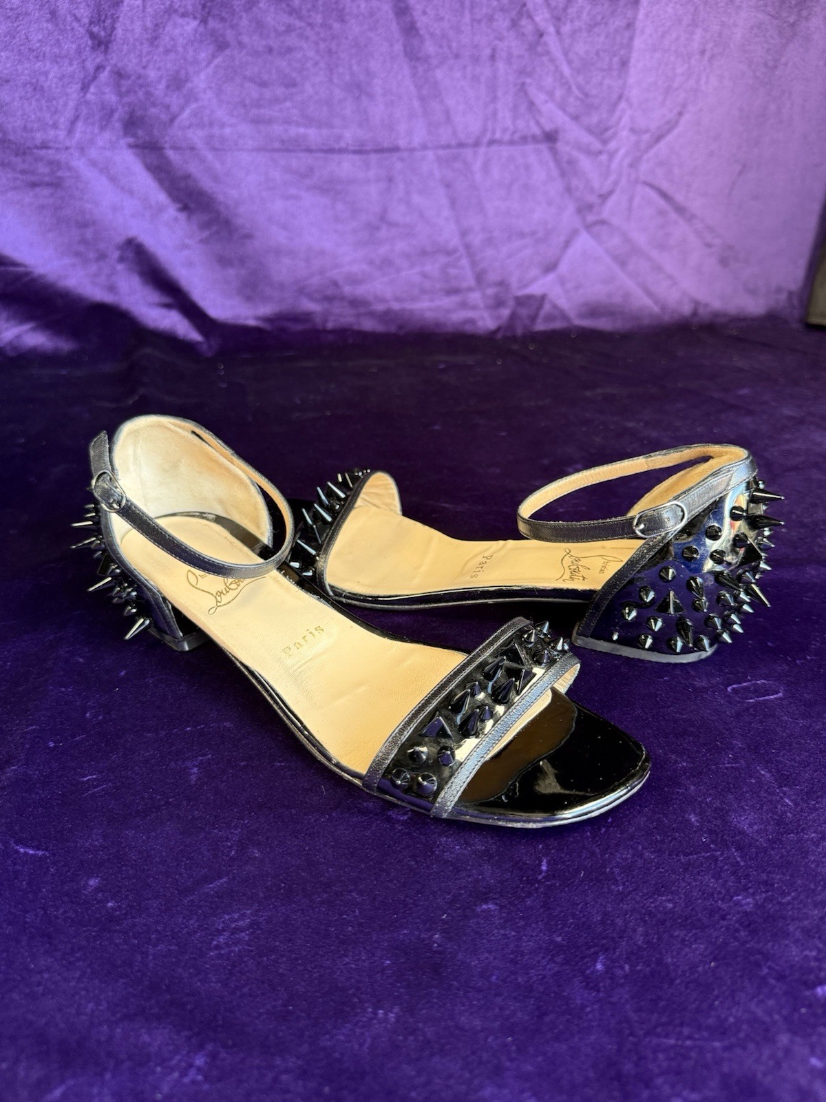Christian Louboutin Spike Accents Black Patent Leather Sandals Size 38 1/2