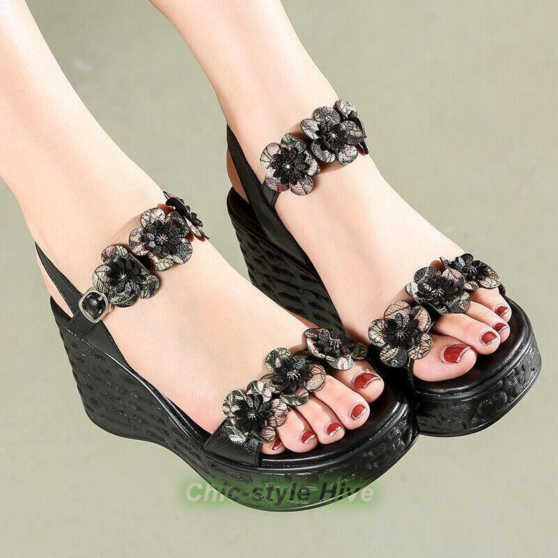 Women Floral Casual Retro Platform Wedge Heels Peep Toe Fashion Sandals Shoes