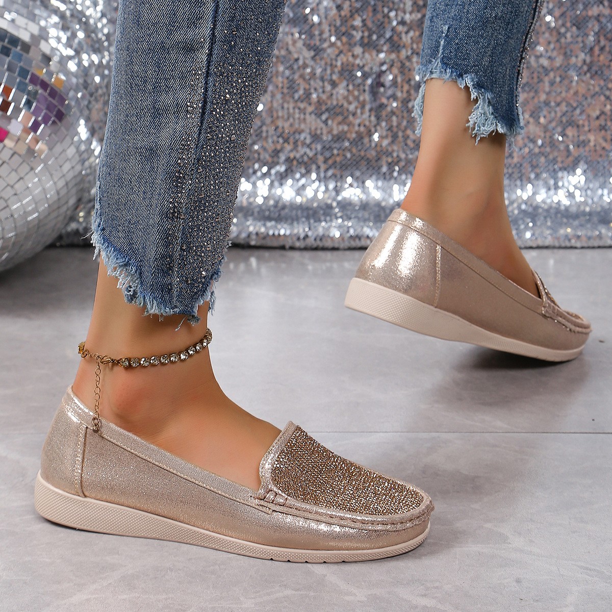 Men’s Loafers Flat Glitter Rhinestone Round Toe Causal Mary Janes Shoes Slip On