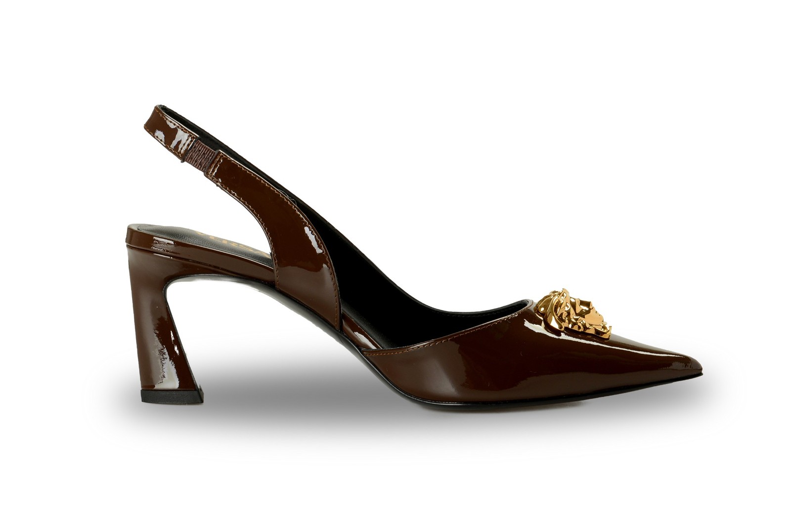 Versace Women’s Chocolate Patent Leather Gold Medusa Pump Shoes US 6 IT 36