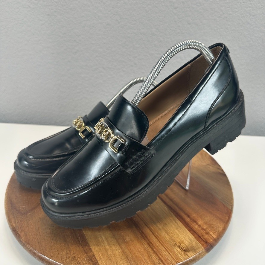 Sam Edelman Teagan Black Leather Lug Sole Loafers Gold Chain SZ 10M Preppy Retro
