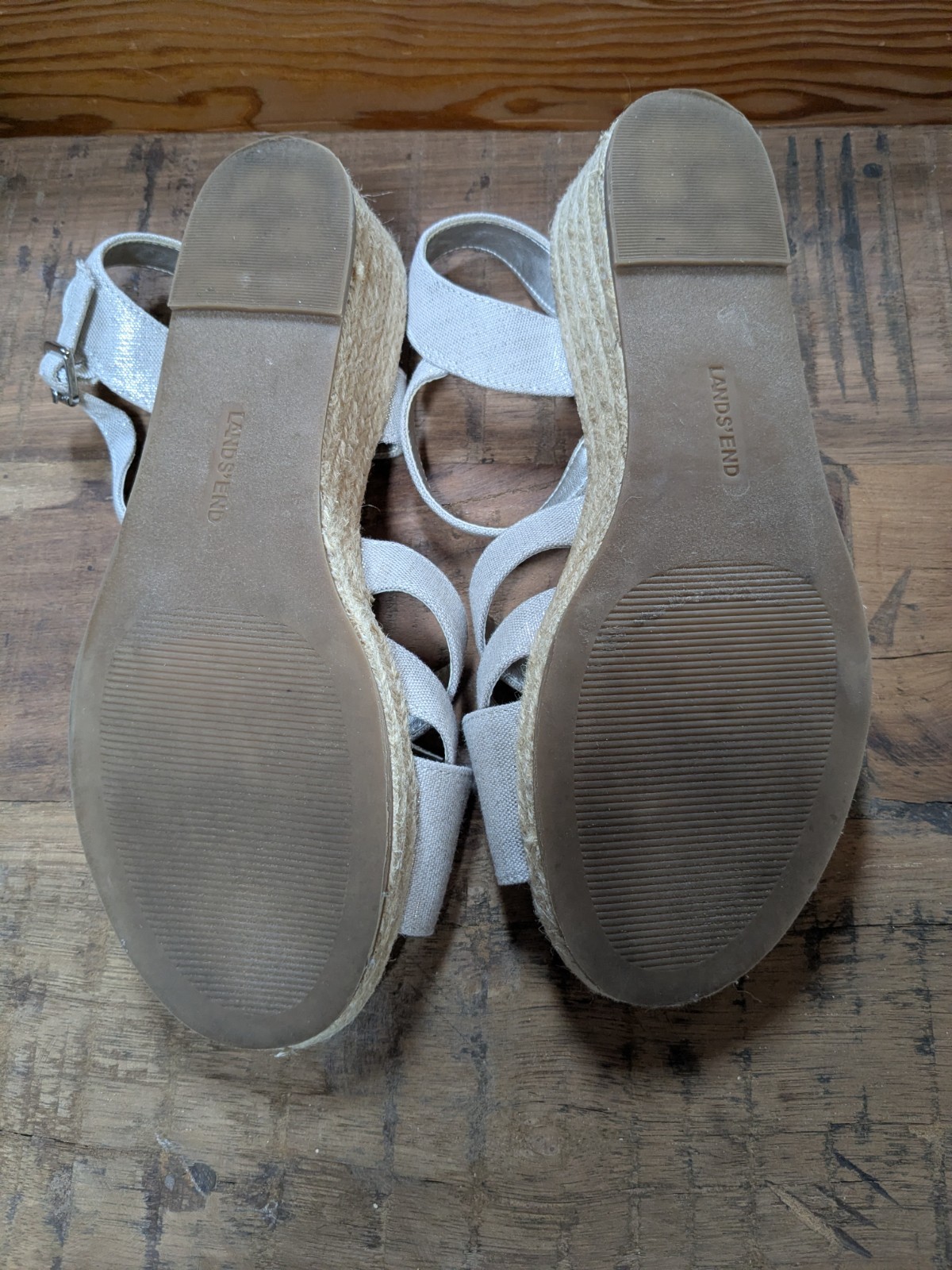 Lands’ End Espadrille Wedge Sandals, Silver Beech, Size 10