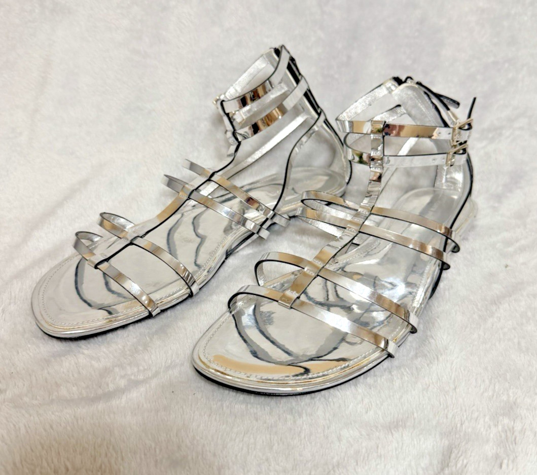 Tory Burch NEW Metallic Silver Gladiator Sandals Flat Strappy Back Zip SZ 10