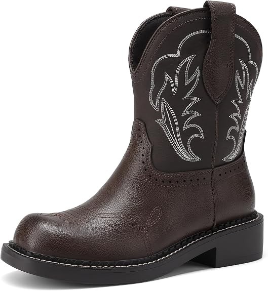 Cowboy Cowgirl Boots for Women, Round Toe Embroidered Mid Calf Western Boots