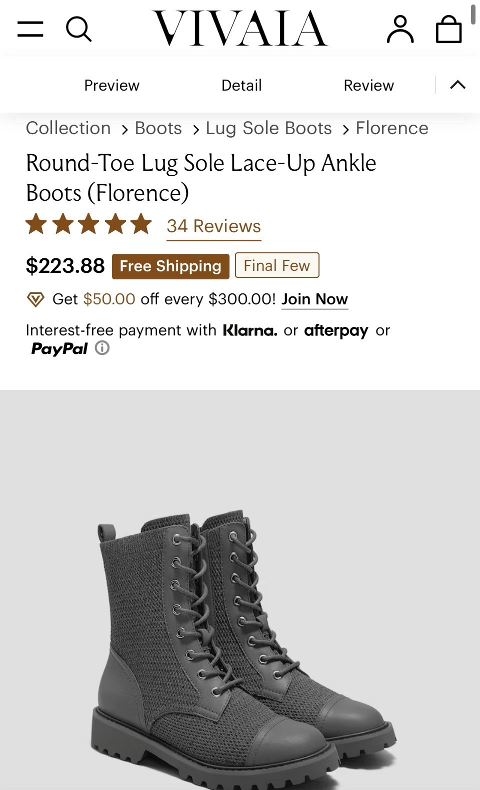 Vivaia Florence Chunky Combat Boots 9.5 Gray Water Repellent Lace Up