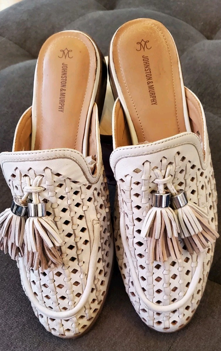 Johnston & Murphy Ali Woven Leather Tassel Mules Slides Bone Shoes 8.5