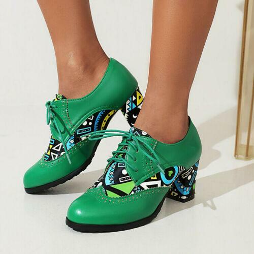 Splicing Women’s Faux Leather Block Heels Shoes Round Toe Lace Up Retro Fashion