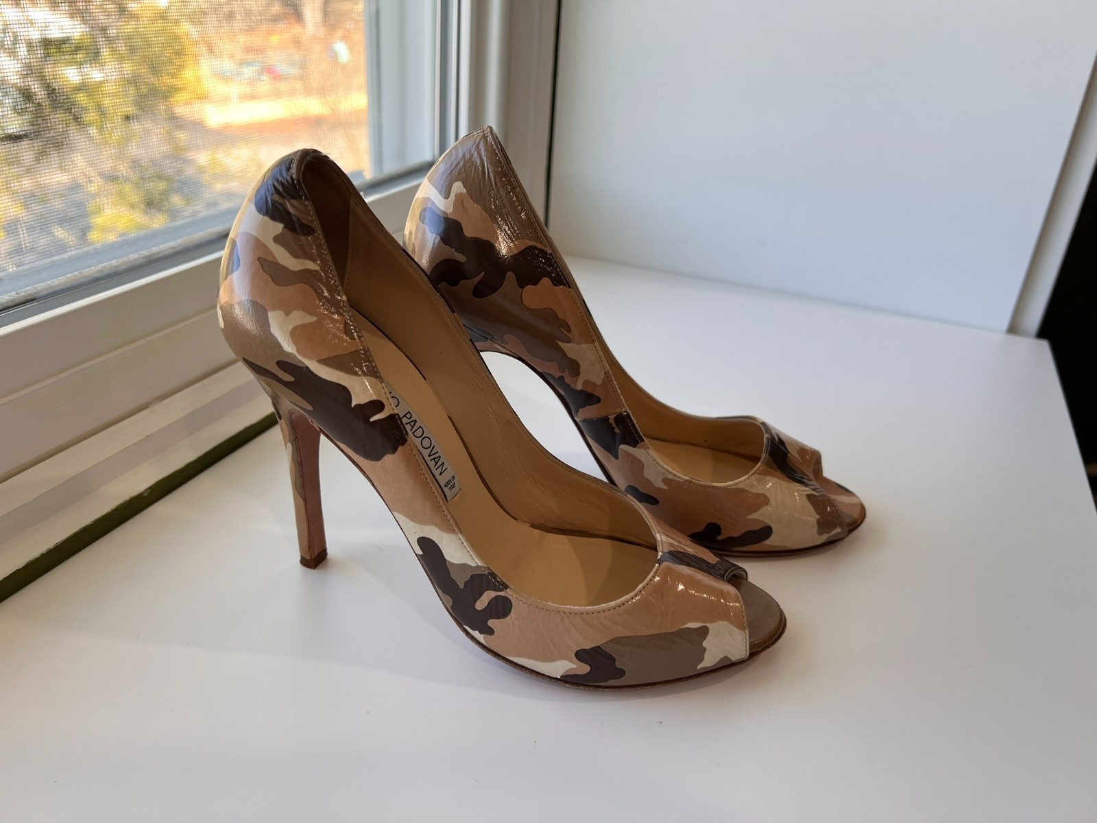 Luciano Padovan Beige, Brown, Cream Camouflage Leather Peep Toe Italian Heels 37