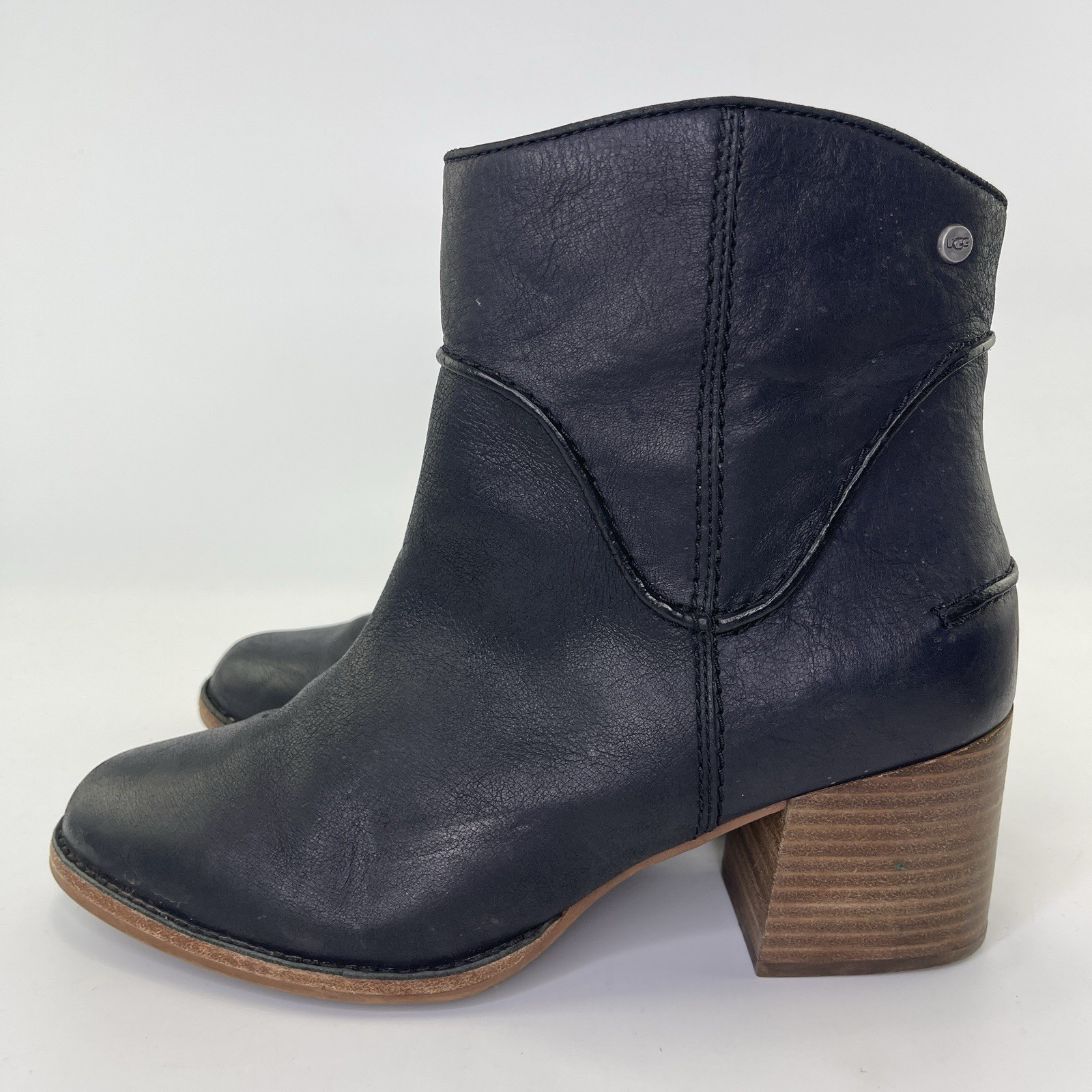 UGG Annie Black Full Grain Leather 1095061 Zip-Up Ankle Boots Womens Size 10