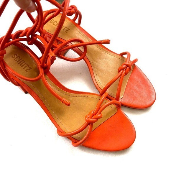 NWOT Schutz Flame Orange Leather Strappy Block Heel Made Brazil Sandal Size 10B