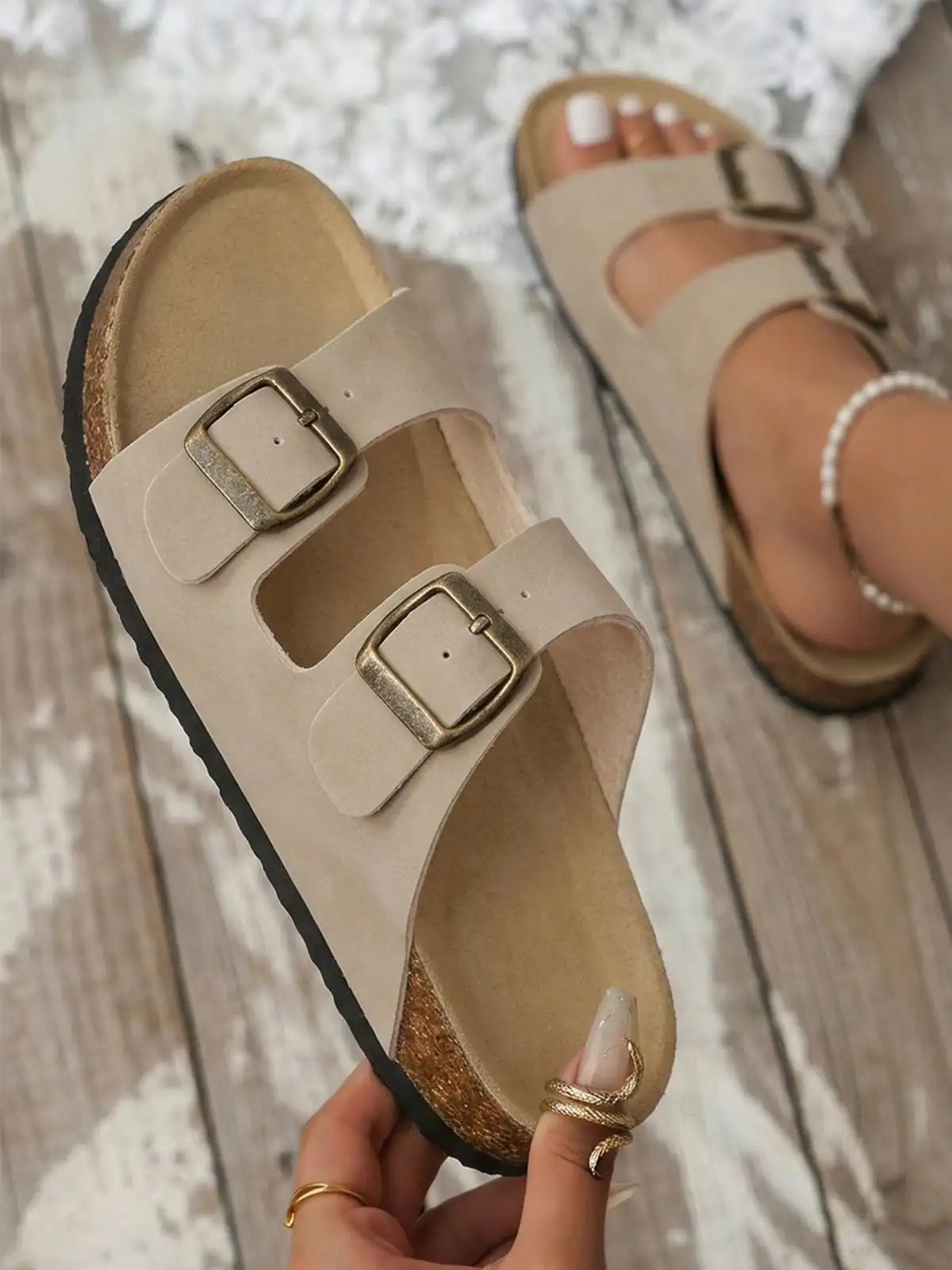 Womens Slide Sandals Flat Open Toe Double Strap Adjustable Buckle Summer Shoes